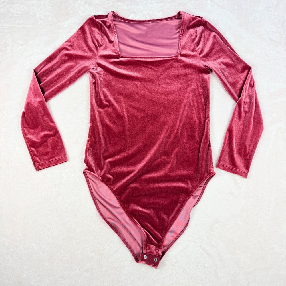 Old Navy Square Neck Velvet Bodysuit Womens L Wine Red Long Sleeve Whimsigoth